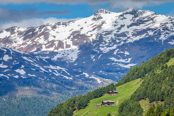 Naklejka premium Snowcapped mountains in Stelvio national park with farms, Valfurva, Italian alps