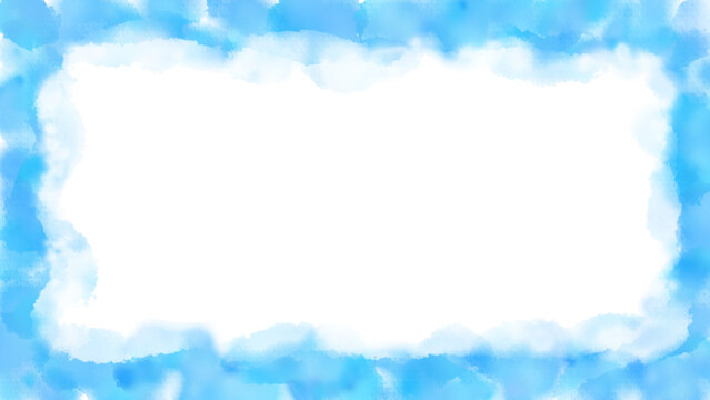 半透明な雲や煙のようなフワフワした薄めの水彩フレーム画像素材　PNG／JPEG　16:9　8K UHDサイズ　水色・青・空色／ライトブルー・スカイブルー
