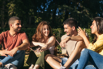 Group of friends sitting in a park talking and enjoying together