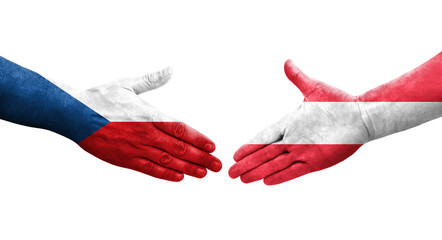 Handshake between Austria and Czechia flags painted on hands, isolated transparent image.