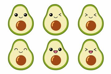 Vector illustration of cute avocado cartoon character isolated on white background. Fruit cartoon set with kawaii smiling emoji.