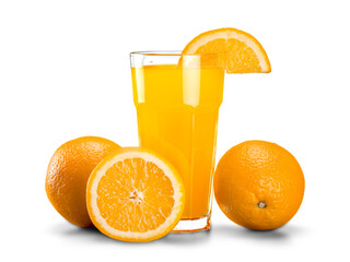 Orange juice and slices of orange on background