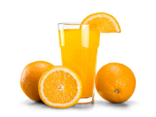 Orange juice and slices of orange on background
