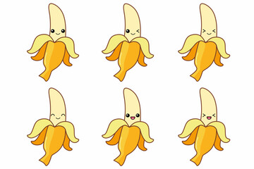 Vector illustration of cute banana cartoon character isolated on white background. Fruit cartoon set with kawaii smiling emoji.