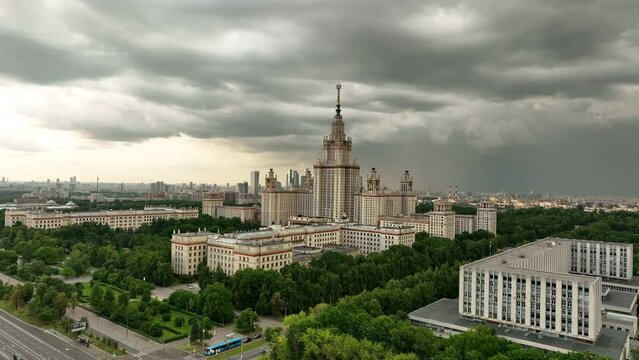 Aerial view. The most beautiful view of Moscow and the university. Picturesque sky and clouds over the city in the evening.
