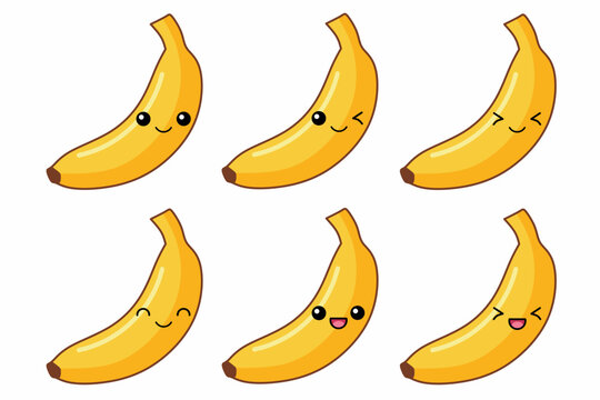 Vector illustration of cute banana cartoon character isolated on white background. Fruit cartoon set with kawaii smiling emoji.