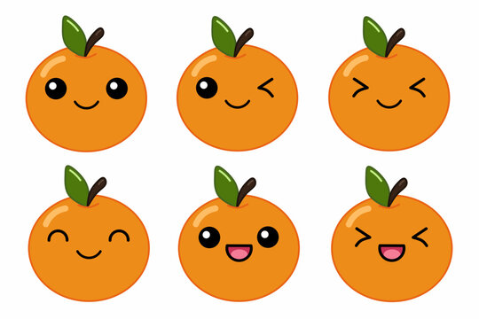 Vector illustration of cute orange cartoon character isolated on white background. Fruit cartoon set with kawaii smiling emoji.
