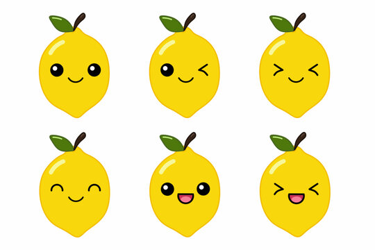 Vector illustration of cute lemon cartoon character isolated on white background. Fruit cartoon set with kawaii smiling emoji.