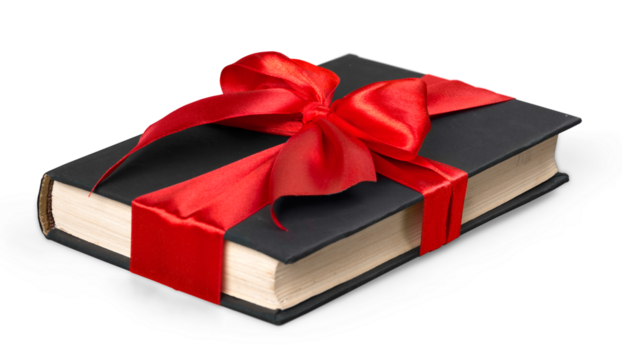 Present box on white tied with red type