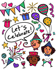 Illustration drawing of a group diversity people celebrate the new years anniversary party together