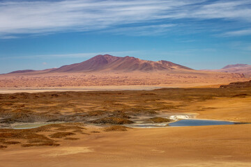 Fototapeta na wymiar Salar de Atacama volcanic landscape and salt lake in Atacama Desert, Chile