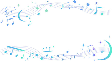 星と月を散りばめた夜空をイメージした楽譜のフレームイラスト　五線譜　背景イラスト　音符、休符、音楽記号のイラスト