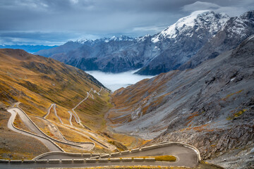 Stelvio mountain pass, impressive dramatic road in italian alps, Italy