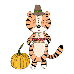 Cute cartoon tiger with pie, Thanksgiving illustration, vector