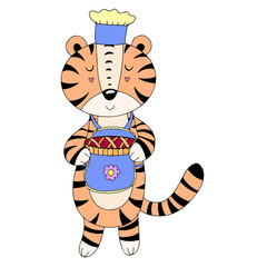 Cute cartoon tiger with pie, Thanksgiving illustration, vector