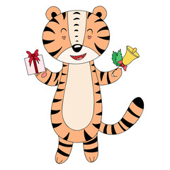Cute cartoon tiger with Christmas elements, illustration for New Year, Christmas, vector