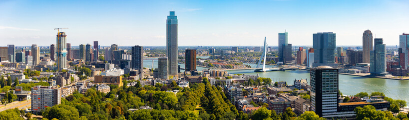 View from drone of Rotterdam city overlooking modern districts with high skyscrapers and Erasmus cable-stayed bridge across Nieuwe Maas river on sunny summer day, Netherlands..