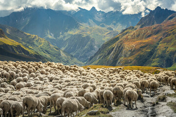 Flock of sheeps moving down the valley, French Alps, border with Switzerland