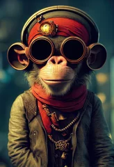 Porträt eines brutalen Affenpiraten. Mittelalterlicher Piratenaffe in einem Vintage-Kostüm vor einem Waldhintergrund. 3D-Rendering. © designprojects