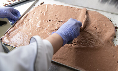 Chef Making Crust Cake From Chocolate and Cream