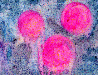 Three bright pink circles on dark background