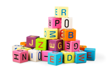 Colorful toy blocks with letters on white background