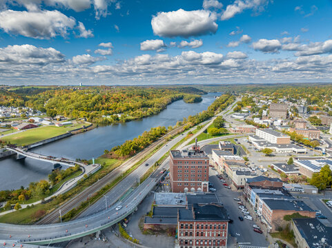 Early afternoon autumn aerial photo view of the City of Amsterdam New York.

