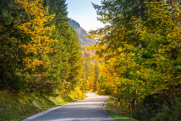 Country road in Alps at dramatic autumn sunrise, Karwendel mountains, Tyrol