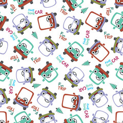 Obraz premium Vector kid seamless pattern with yellow and blue happy taxi car character on light background. Flat style design of car seamless pattern for web, site, banner, print