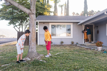 Siblings playing by the tree in home front yard 