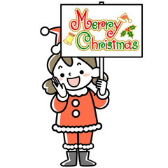 サンタクロースのコスチュームでプラカードを持つ女の子