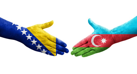 Handshake between Azerbaijan and Bosnia flags painted on hands, isolated transparent image.