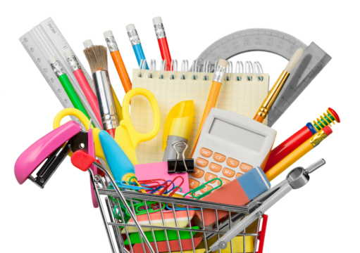 Variety office supplies in little shopping cart on wooden table  on background