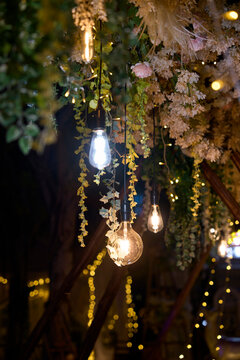 Closeup of arrangement of flower trellis with lighting atmosphere