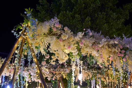 Closeup of arrangement of flower trellis with lighting atmosphere