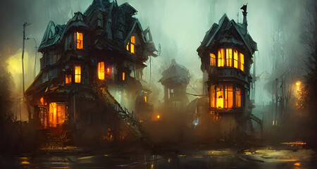 Illustration Steampunk Style Spooky Houses