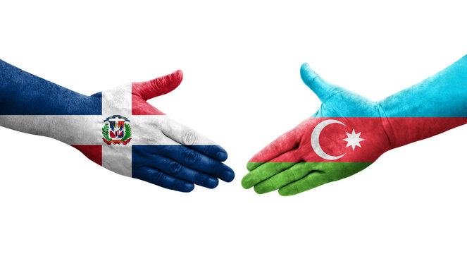 Handshake between Azerbaijan and Dominican Republic flags painted on hands, isolated transparent image.