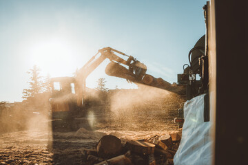 excavator operationg on dusty log site