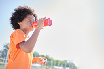 Young boy with afro hair wears the orange Netherlands national football team equipment while...