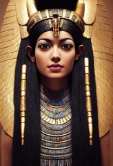 A fictional person, not based on a real person. A beautiful young Egyptian pharaoh with beautiful hair, a golden crown, wearing elegant clothes and jewelry. 3D render. - obrazy, fototapety, plakaty