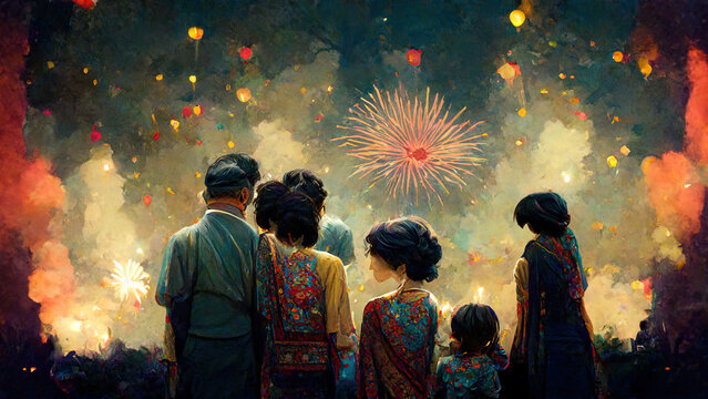 Asian Family Watching Fireworks And Celebrating. Happy New Year. Paint.