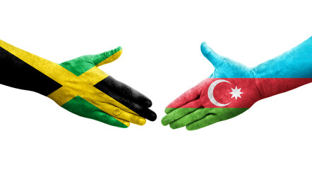 Handshake between Azerbaijan and Jamaica flags painted on hands, isolated transparent image.