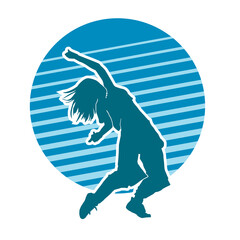 Female happy dancing vector silhouette on blue background