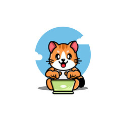 Cute cat operating laptop cartoon vector illustration