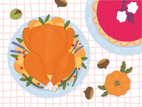Thanksgiving roasted Turkey food illustration
