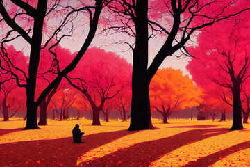 autumn trees in the park on a beautiful warm day, illustrated in oils, with pastel colours and pink leaves, in a graphic style