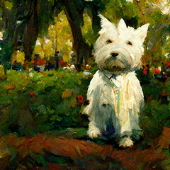 West Highland White Terrier standing in a park, impressionism
