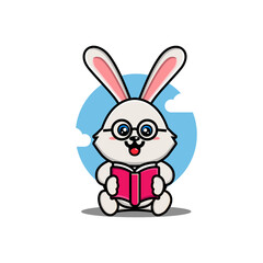 Cute rabbit reading book cartoon vector illustration