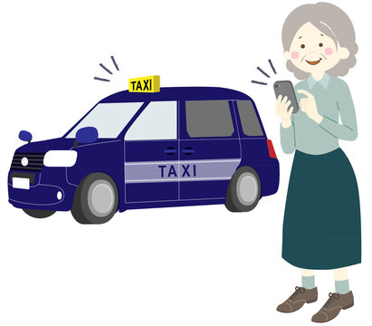 スマホを利用してタクシーを呼ぶおばあさん