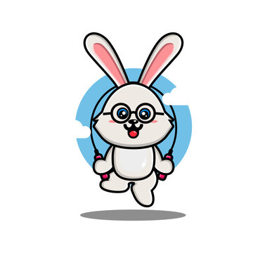 Cute Rabbit Play Jump Rope Cartoon Vector Illustration